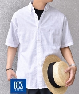 SHIPS any: BEZ TEXTILE �}���`�J���[ �X�g���C�v/�\���b�h �{�^���_�E�� �V���[�g�X���[�u �V���c��