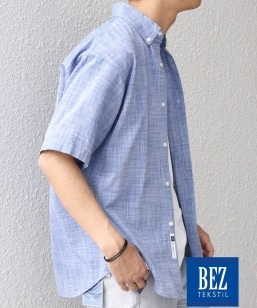 SHIPS any: BEZ TEXTILE �}���`�J���[ �X�g���C�v/�\���b�h �{�^���_�E�� �V���[�g�X���[�u �V���c��
